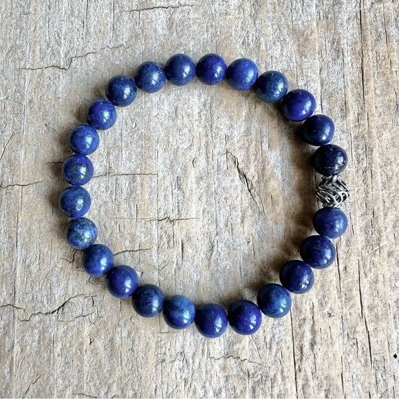 Lapis Lazuli Gemstone Bracelet Sterling Silver Accent Bead Unisex - 8mm Beads - Picture 3 of 5